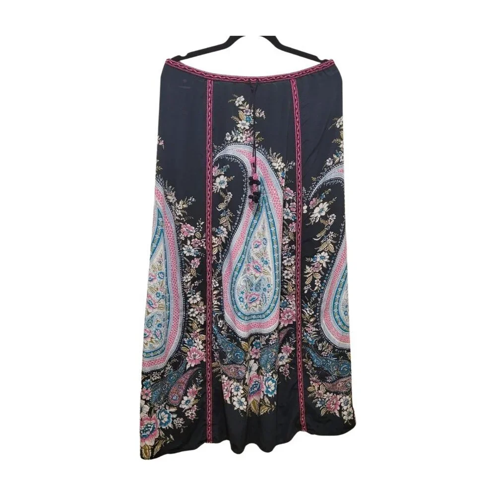 Calypso St. Barth Paisley Printed Silk Maxi Corded Skirt Nogi M Medium Navy Pink - Picture 2 of 8